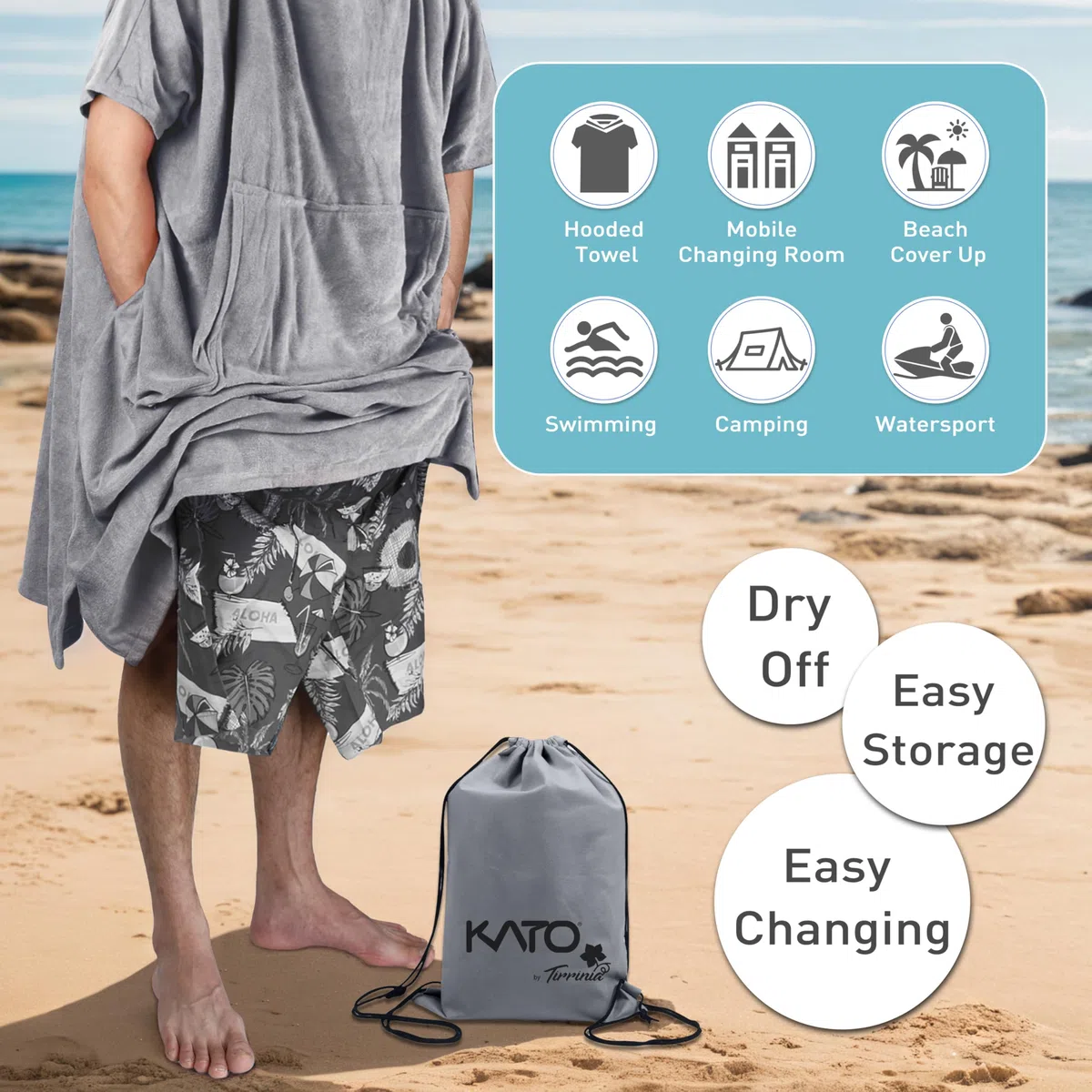 Kato Tirrinia Surf Poncho con borsa, Poncho da bagno in microfibra per donne e uomini, Poncho da spiaggia con cappuccio e asciugamano assorbente per il nuoto e gli sport acquatici della sauna, grigio