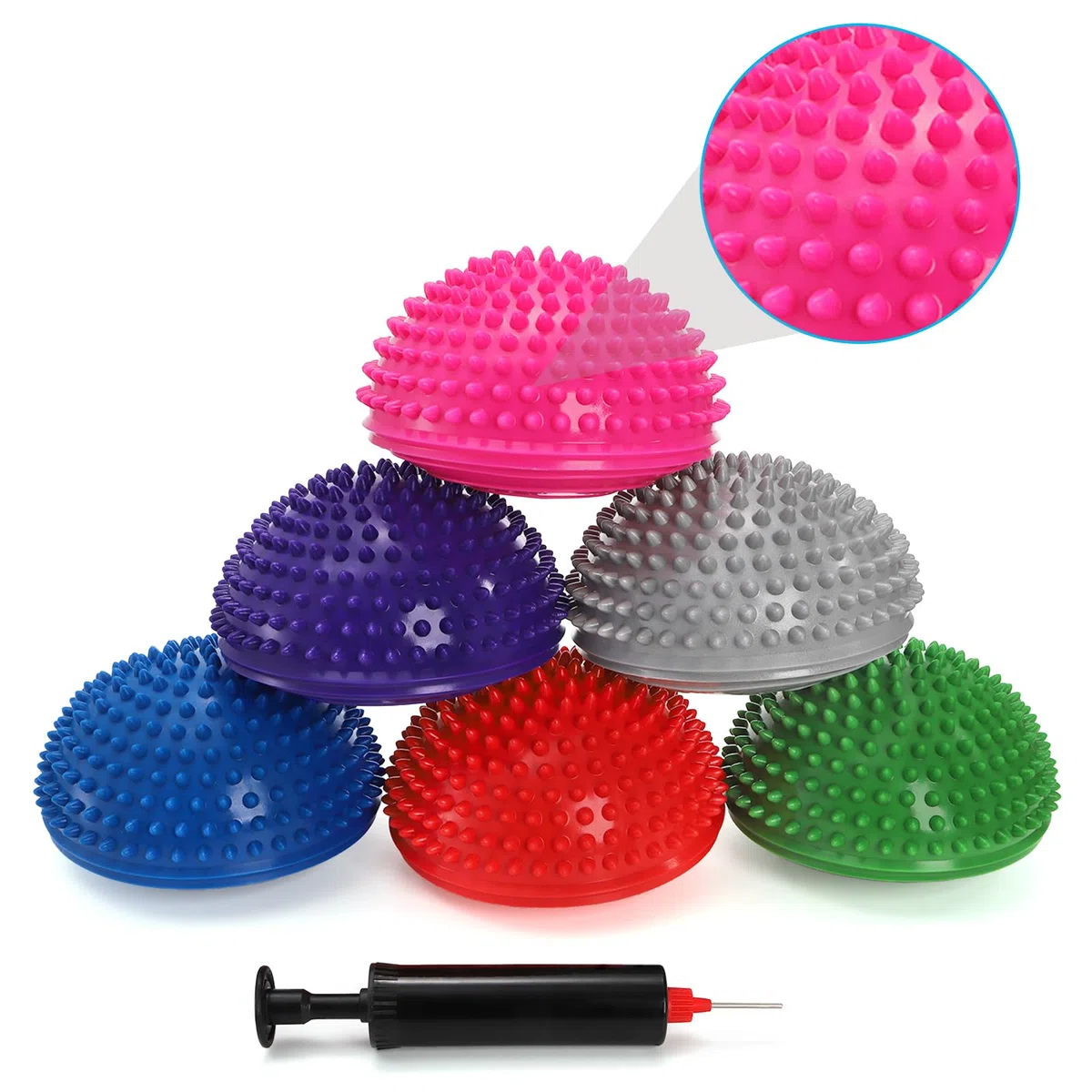 Fasmov Set di 6 Semisfera a Riccio Pedana Equilibrio Mezze Sfere di Yoga Palla Massaggio del Piede Mezzo Sfera Balance con Pompa per Esercizi Pilates Yoga Coordinazione