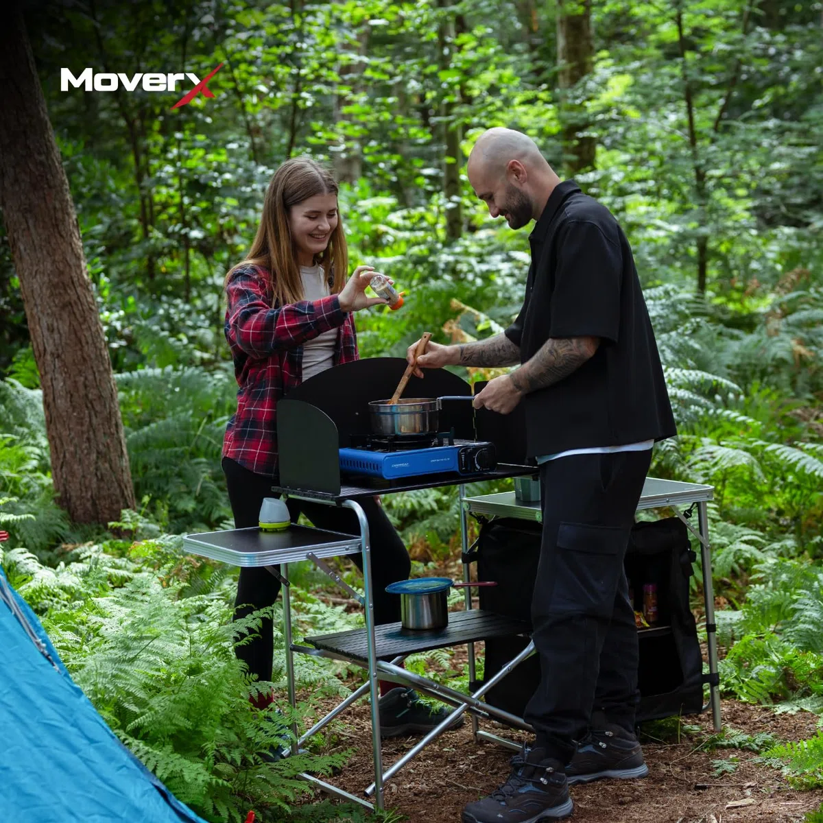 MoverX Cucina da campeggio pieghevole portatile con parabrezza, unità da campeggio pieghevole pop-up, armadio esterno 5 ripiani telaio in alluminio portatile per feste in giardino, picnic, supporta 30