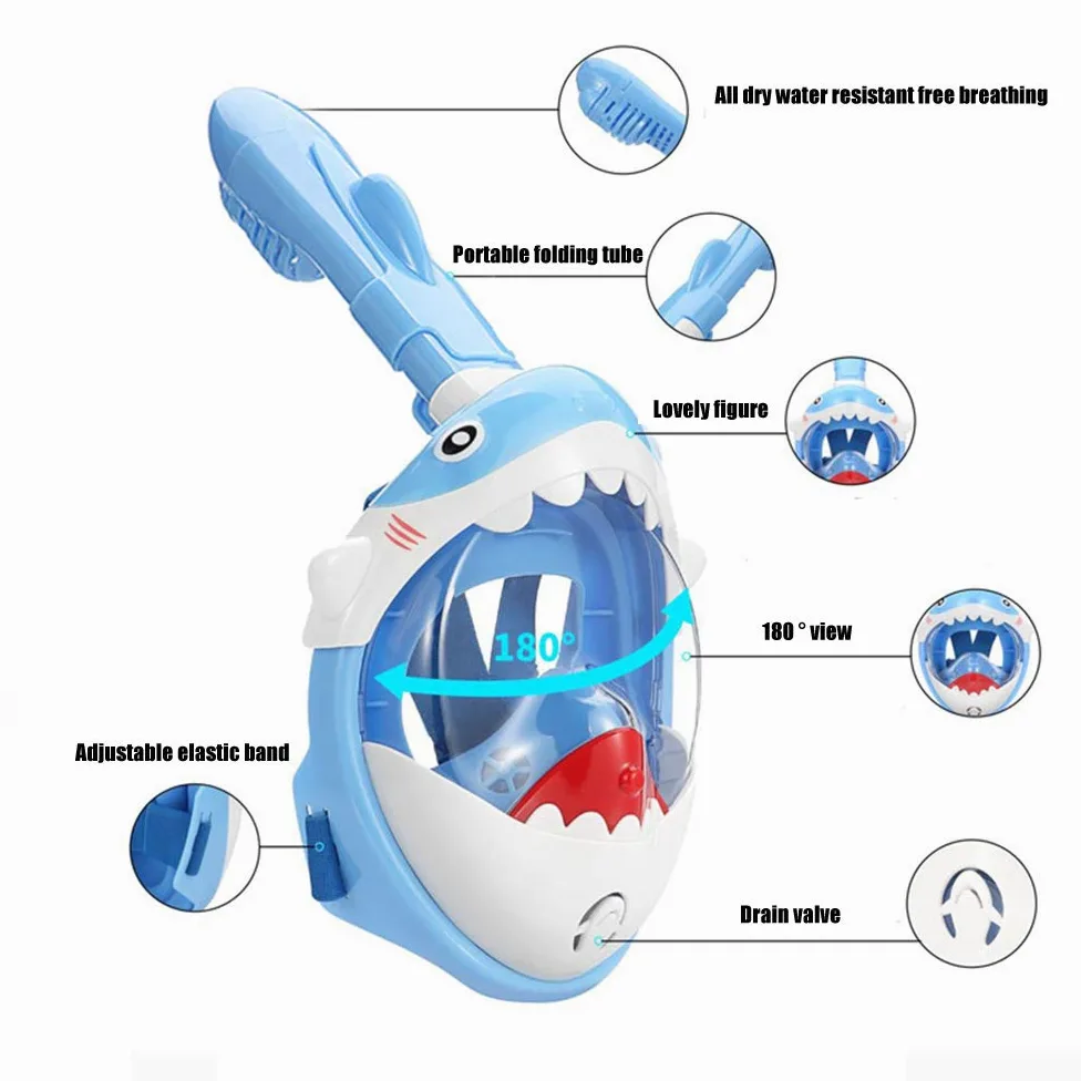 Maschera da Snorkeling Integrale per Bambini, Maschera per Vista Panoramica a 180 Gradi con Dry Top per Respirazione Subacquea, in Silicone Liquido per Uso Alimentare