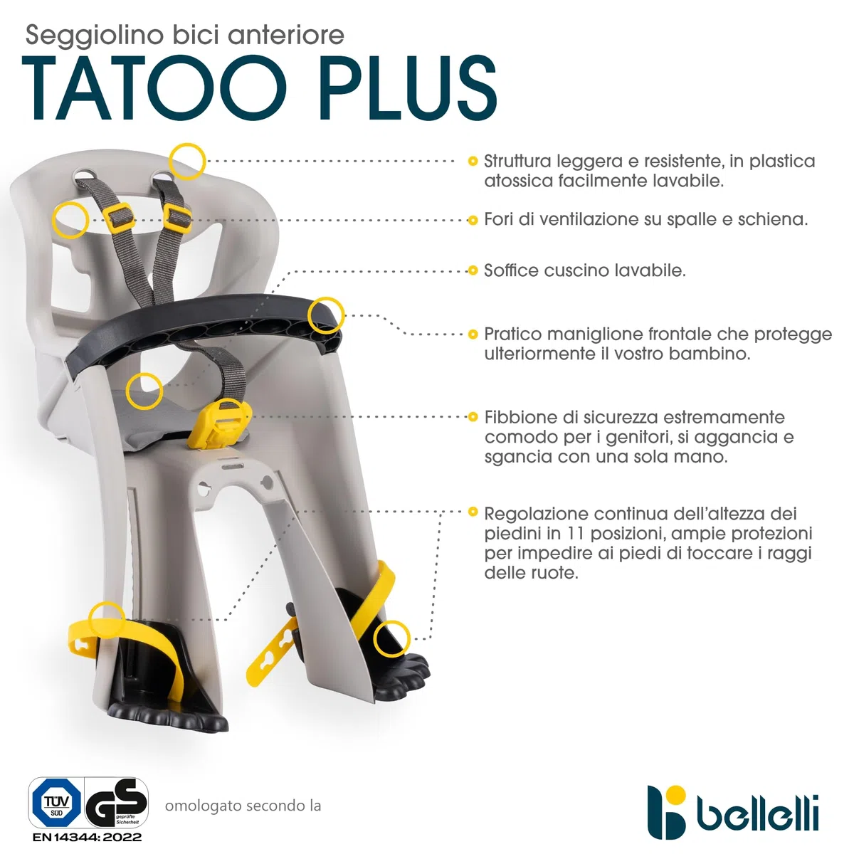 Bellelli | Tatoo Plus - Seggiolino Anteriore per Bicicletta - per Bambini Fino a 15 kg, da 9 Mesi a 3 Anni - Si Fissa al Manubrio - Colore Silk Grey