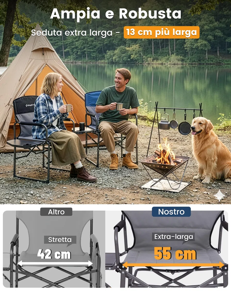 KingCamp Compatta Sedia da Regista Camping Pieghevole, Fino al 200 kg | Sedia da Campeggio Imbottita, Tavolino Laterale, Pacchetto Piccolo, Sedie da Pesca Portatile per Campeggio Spiaggia Giardino