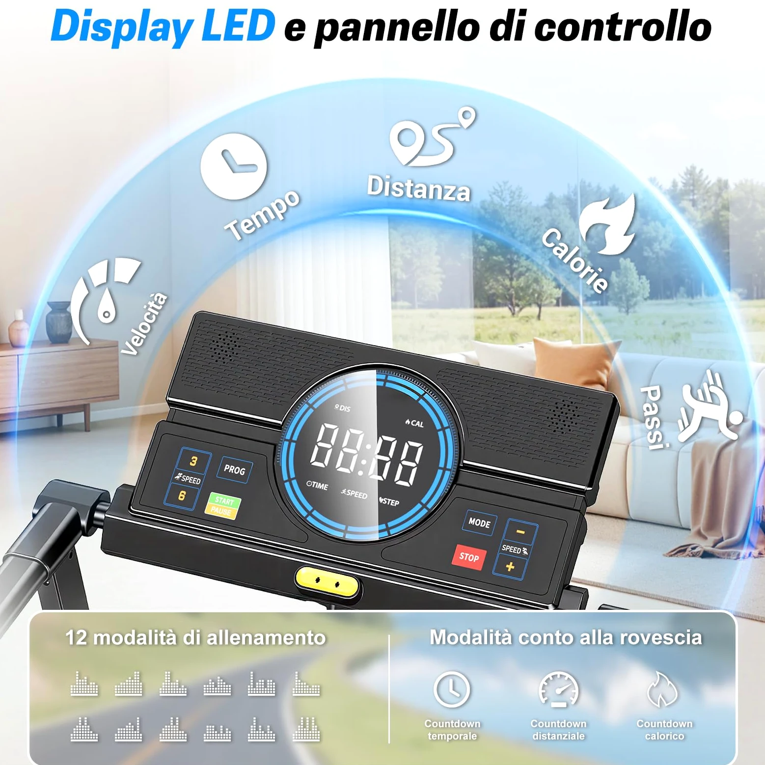 Tapis roulant, 4 in 1 - Inclinazione del 12% - Motore da 2,5 CV - Velocità da 1 a 8 km/h - Dotato di display a LED e console di controllo - Pieghevole