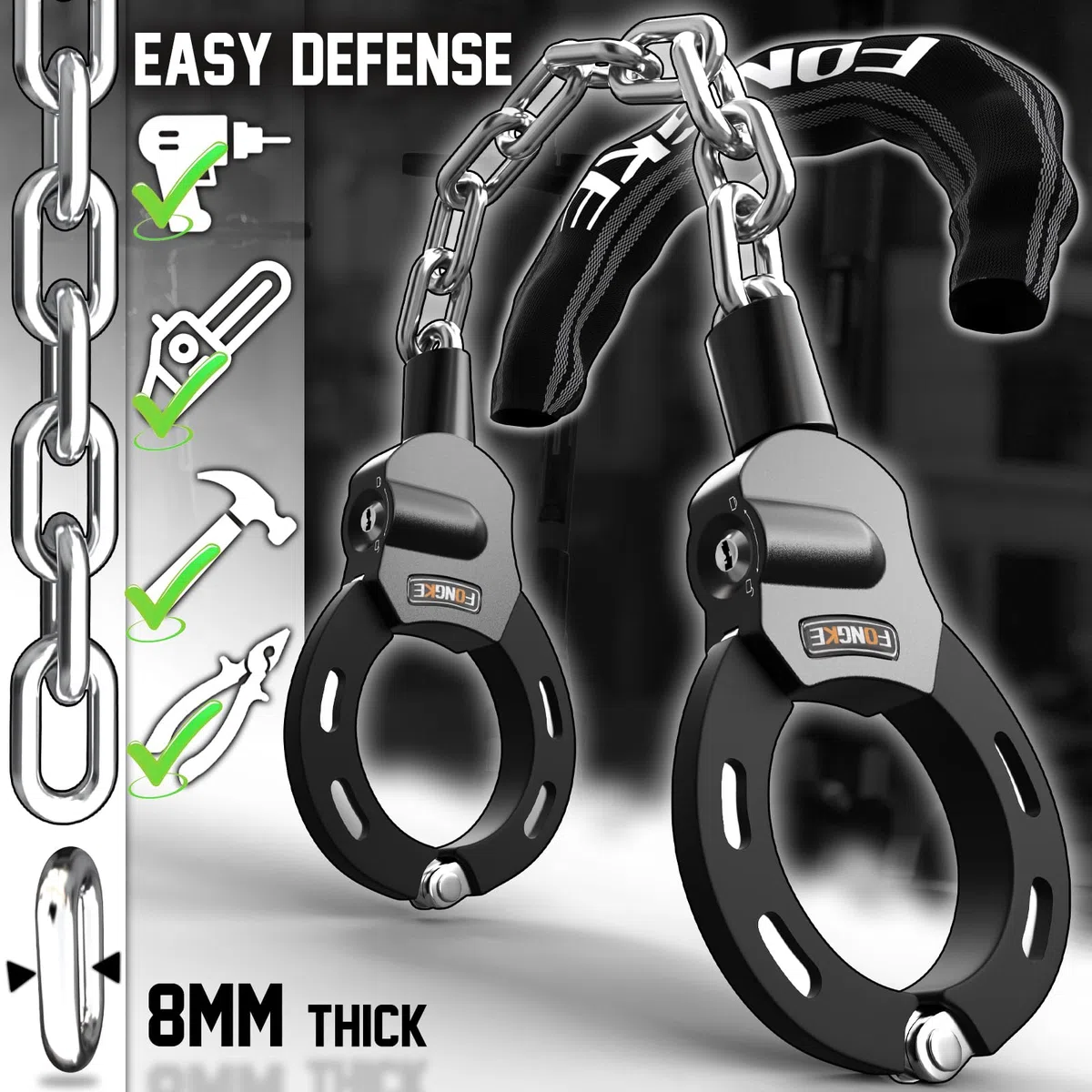 Lucchetto Monopattino Elettrico, Catena Bicicletta Antifurto 8mm, Lucchetto Bici con Borsa Impermeabile, Resistente Taglio Lucchetti a Catena, Alta Sicurezza Accessori Monopattino Elettrico e Biciclet