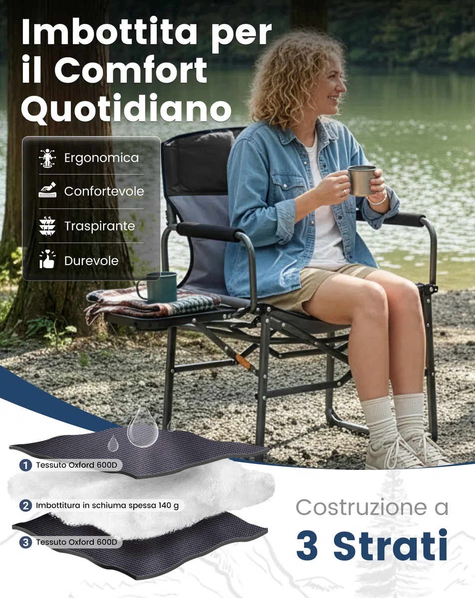 KingCamp Compatta Sedia da Regista Camping Pieghevole, Fino al 200 kg | Sedia da Campeggio Imbottita, Tavolino Laterale, Pacchetto Piccolo, Sedie da Pesca Portatile per Campeggio Spiaggia Giardino