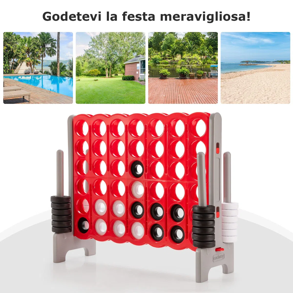 COSTWAY Forza 4 Gigante da Interno ed Esterno, Forza Quattro per Bambini e Adulti con 42 Anelli Giganti e Dispositivo di Scorrimento a Sgancio Rapido, Perfetto per Feste e Vacanze