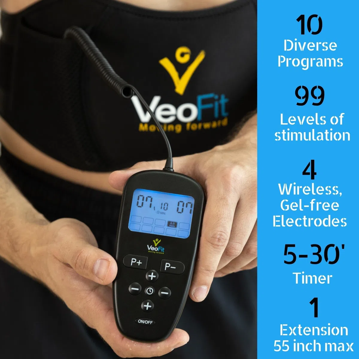 VEOFIT Cintura Addominale elettrostimolazione e Sollevamento Pesi, elettrostimolatore Muscolare in ABS, per Uomini e Donne, 10 programmi, 99 Livelli di intensità, Senza Fili, con Gel