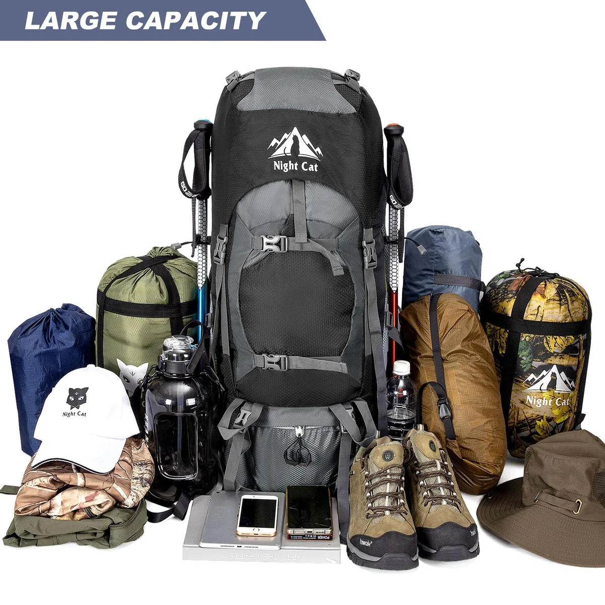 Night Cat 70L Zaini da Hiking Trekking Zaino da Campeggio per Gli Uomini Donne di Arrampicata Ciclismo Viaggio Escursionismo