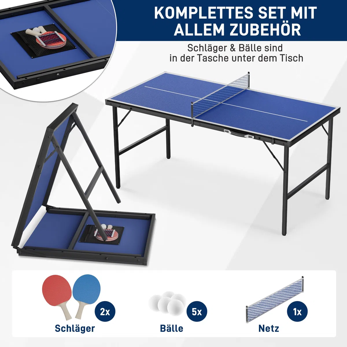 LILIIN Mini tavolo da ping pong pieghevole, design a valigetta, per interni ed esterni, pannello in MDF con rete, 2 racchette e 5 palline, borsa per il trasporto integrata, nero/blu, 152,5 x 76 cm