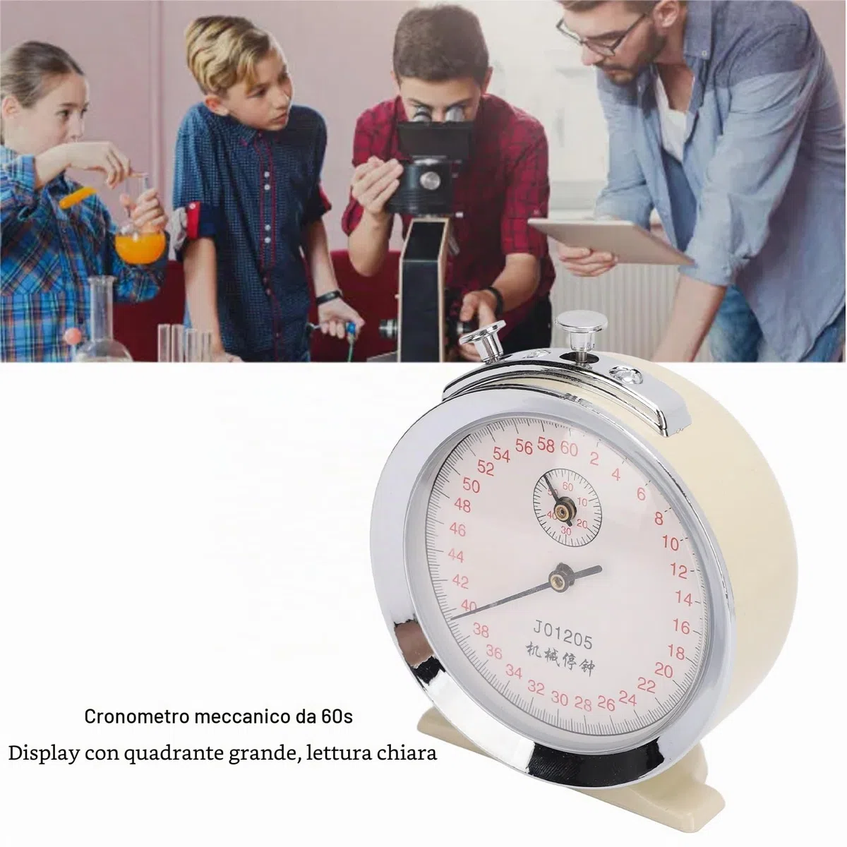 Cronometro Meccanico 60 Secondi, Display con Quadrante Ampio, Ripristino della Pausa Iniziale, Materiali Plastici Metallici con Design Compatto per L'esecuzione di Esperimenti