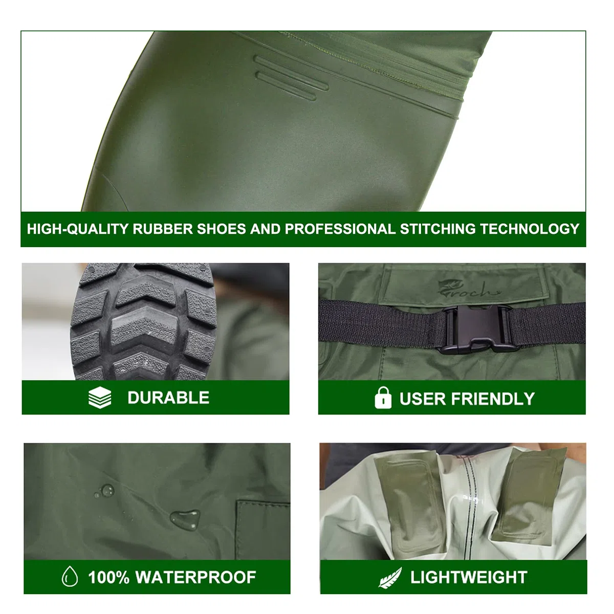 Croch Waders pesca Stivali da pesca per uomo e donna, impermeabili, in PVC e nylon con gomma, taglia 44, ideali per la pesca, verde