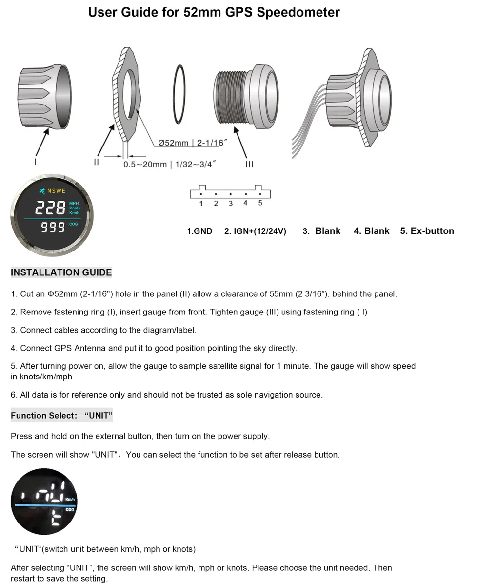 ELING 52 mm tachimetro universale GPS 0-999 km/h nodo mph con percorso su fondo retroilluminato 12V 24V per barche a vela marina