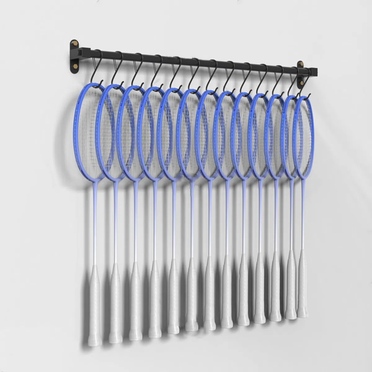 Supporto per racchette da parete con gancio a S, espositore nero per racchette da badminton/tennis da appendere, per casa, ufficio, garage, attrezzatura sportiva, salva spazio (asta da 145 cm
