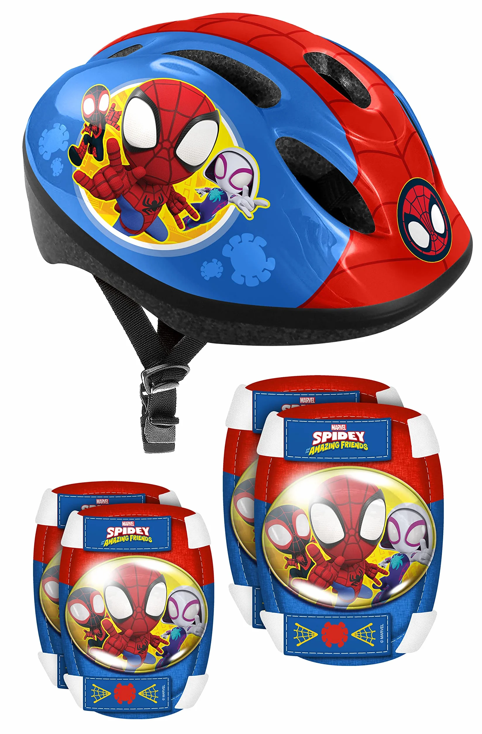 STAMP Helmet + Elbow & Knee Pads Spidey Gioventù, Unisex, Blu/Rosso, 50-56 cm