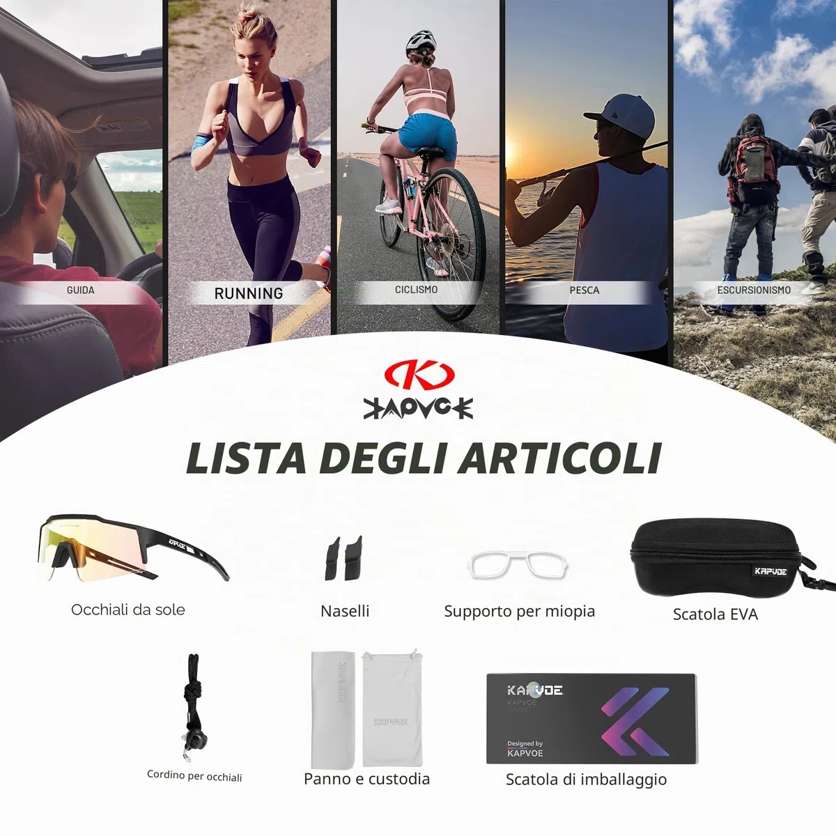 KAPVOE Occhiali da ciclismo fotocromatici UV400 uomo donna TR90 K9023 | Occhiali da ciclismo fotocromatici, UV400 Protezione, Struttura TR90 e supporto interno integrato