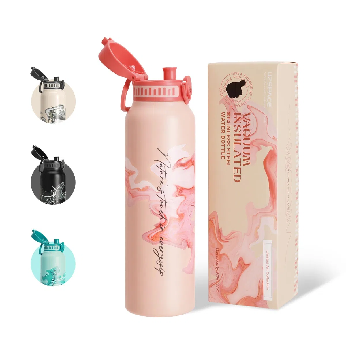 UZSPACE Borraccia in acciaio inox 1 l (970 ml), isolata con coperchio, apertura a 1 clic, a prova di perdite, per escursioni, sport, fitness, palestra, attività all'aperto