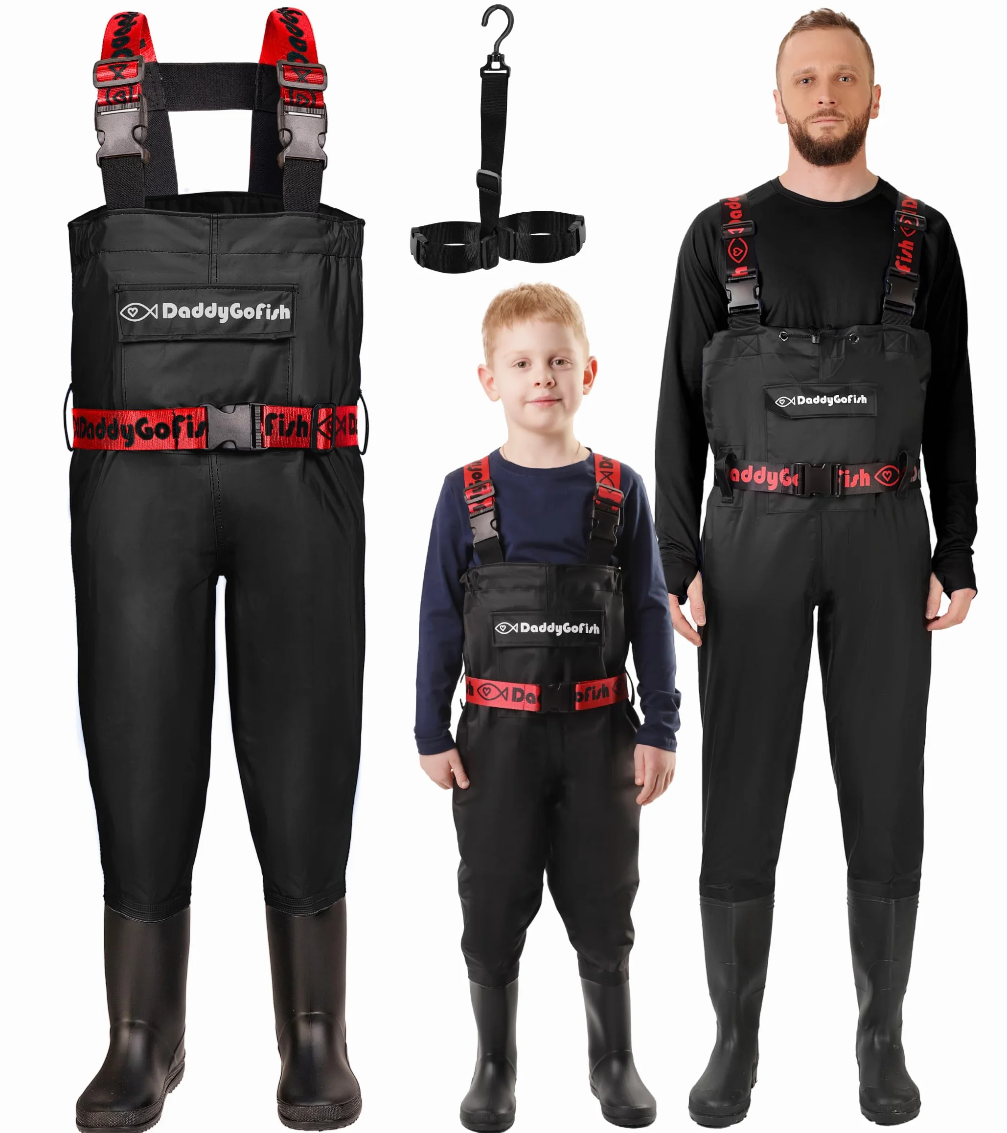 DaddyGoFish Wader pettorale per bambini e adulti, Waders da pesca e da caccia con tasca e gancio per wader, Nero - Età 5-6