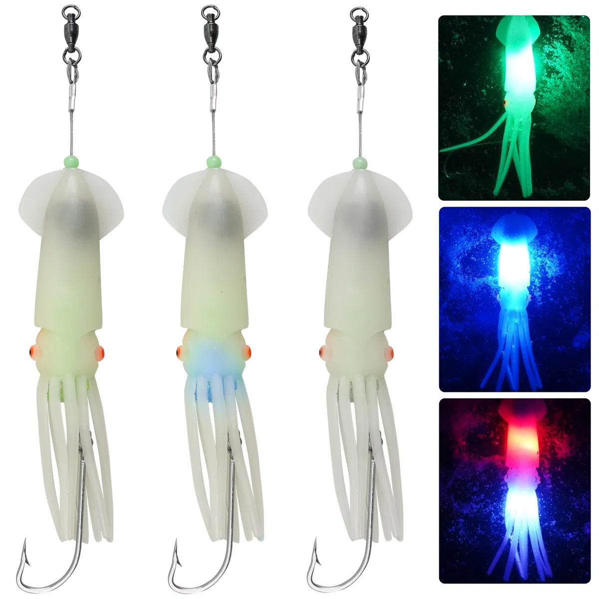 Esche da pesca per calamari in acqua salata, esche a LED illuminate per calamari, morbide, per pesca a traina, calamari, luci lampeggianti, per halibut, lingcod, sgombro, tonno striper