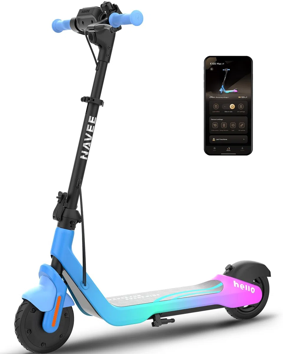 NAVEE K100 Serie Monopattino Elettrico Bambini, Controllo Parentale via APP, Autonomia 14-24 km, Velocità 16 km/h, Luci Ambientali, Pneumatici 7", 3 Altezze Regolabili, 6-14 Anni