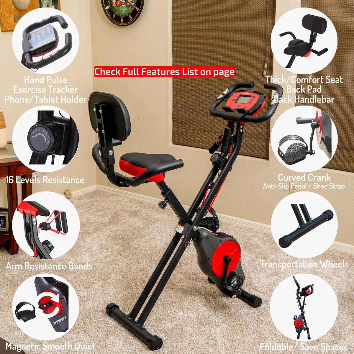 PLENY - Bicicletta pieghevole con fasce di resistenza, resistenza a 16 livelli e supporto per telefono/tablet