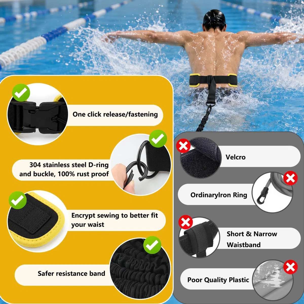 Cintura da nuoto premium per piscina per adulti, 3,5-8 m, con fasce elastiche, per nuoto per adulti, adatta per principianti e professionisti, per nuoto