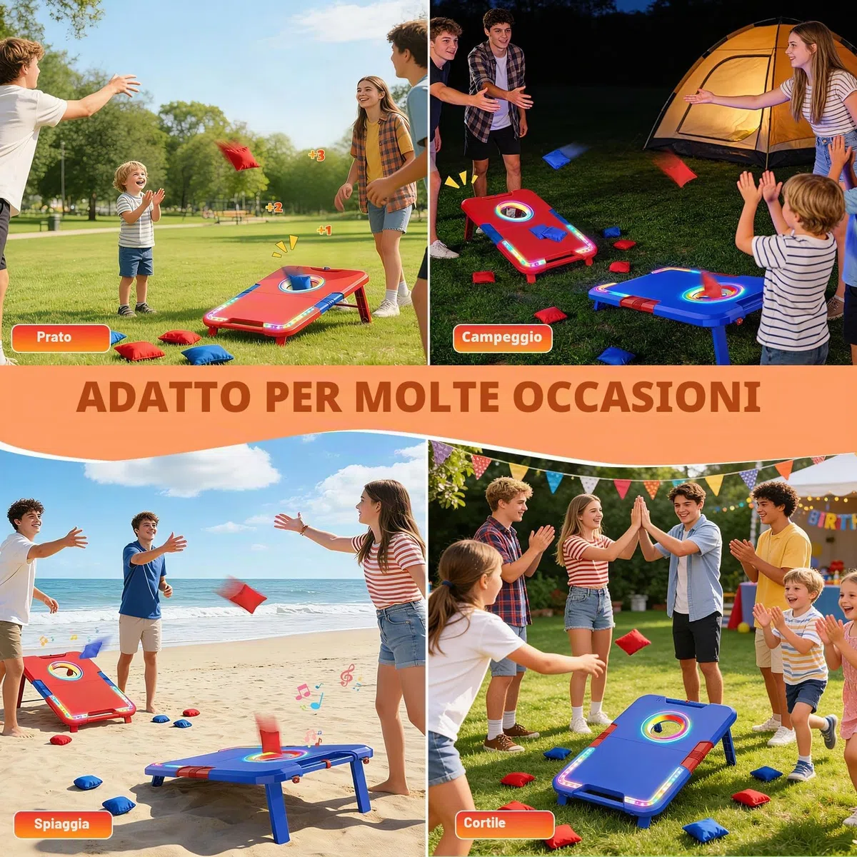 VATOS Set da Cornhole Portatile con Luci LED ed Effetti Sonori, Punteggiatore, Pieghevole – 2 Tavole e 8 Sacchetti per Giardino, Campeggio, Feste nel Posto Auto, Gioco all’Aperto per Bambini e Adulti | 2 tavole pieghevoli e 8 pouf per cortile, campeggio,