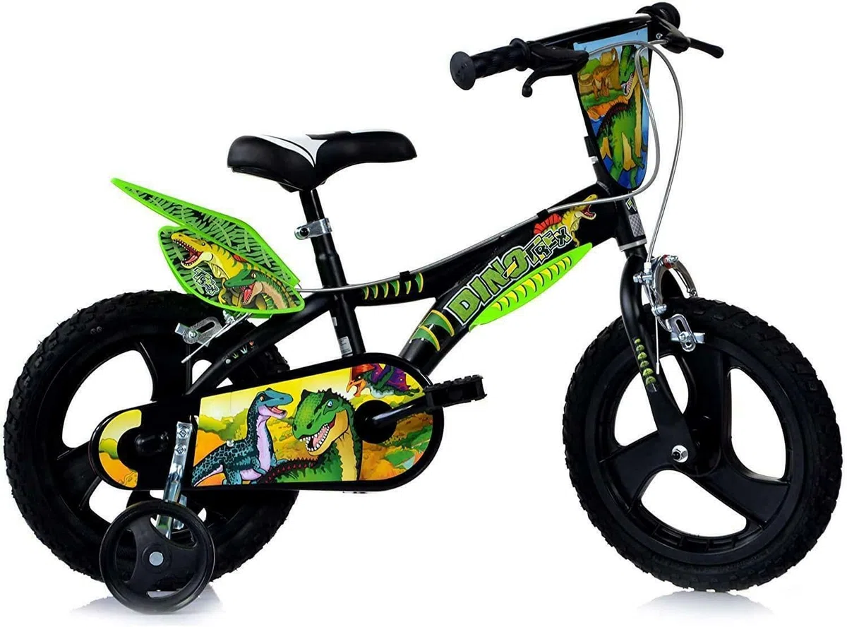 Dino-Trex - Bicicletta per bambini con dinosauro, certificato TÜV, originale, con ruote di supporto, ideale come regalo per ragazzi