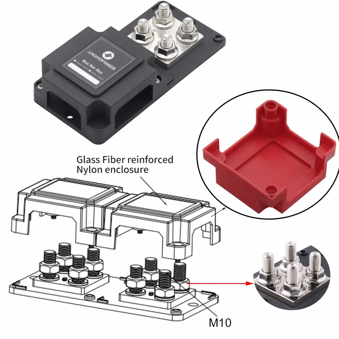 Bus Bar Rame Barra di bus 12V-48V CC 400A con terminali per perni 8xM10 Blocco di distribuzione dell'alimentazione Batteria per Heavy Duty Busbar 400 Amp per Auto Marina Barca RV Solare