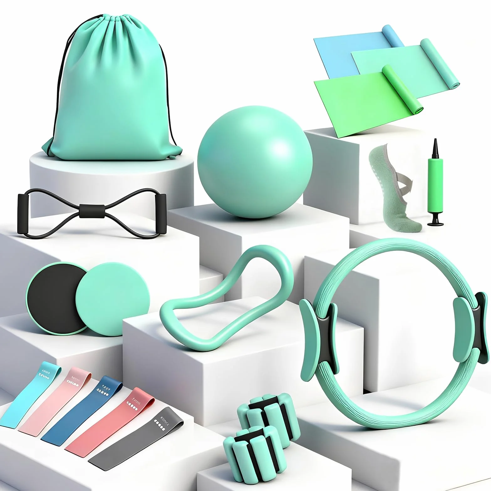 Kit Pilates Completo x Casa per Donna, Include Cerchio Pilates, Palla Pilates, Elastici Pilates, Fasce di Resistenza, Pesi da Polso Regolabili, Idea per Home Workout