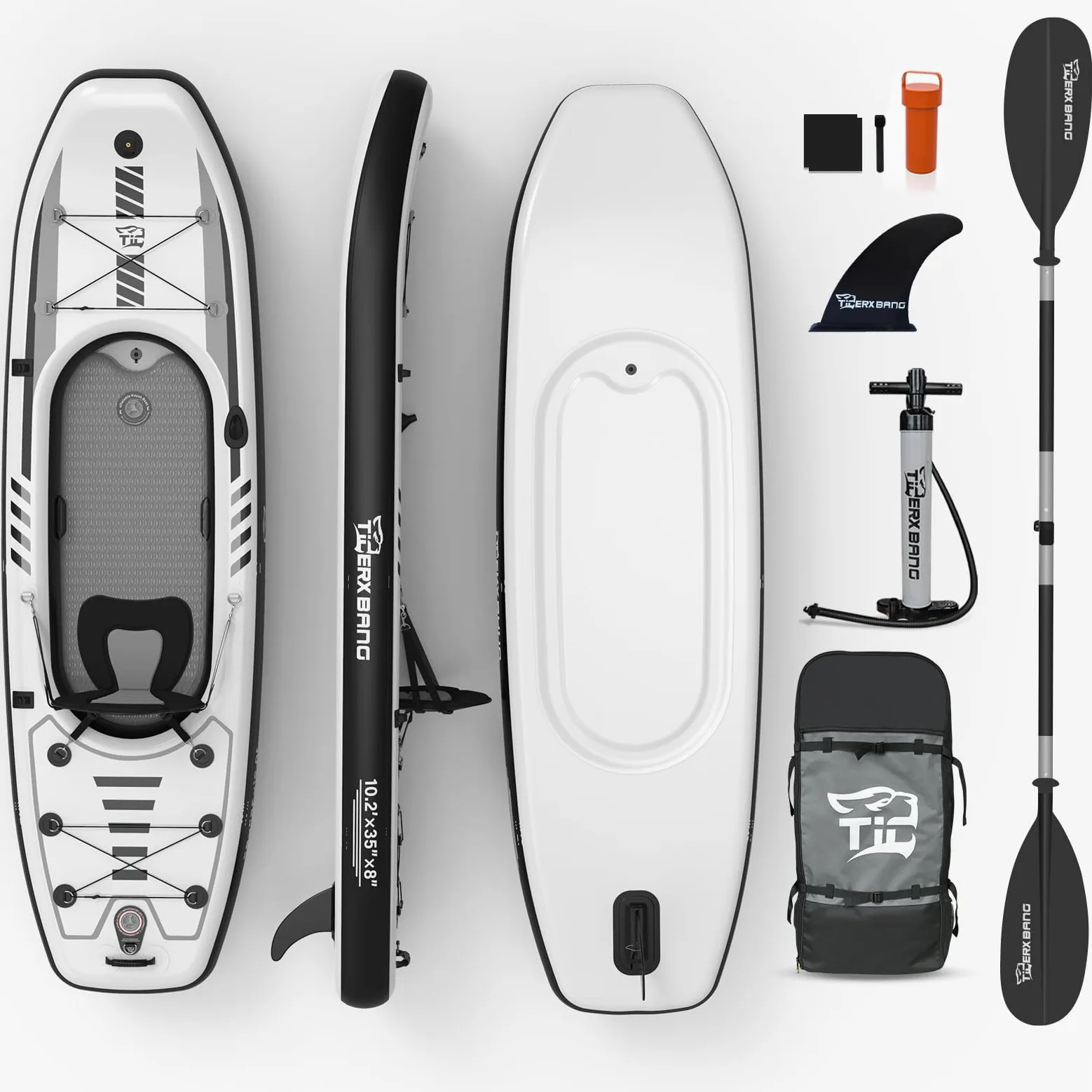 TIGERXBANG Kayak gonfiabile 310 x 89 x 20 cm, con sedile, per adulti e bambini, set da kayak SUP con pompa, pagaia in alluminio e zaino, stabile kayak tubolare per pesca, tour e tempo libero, nero