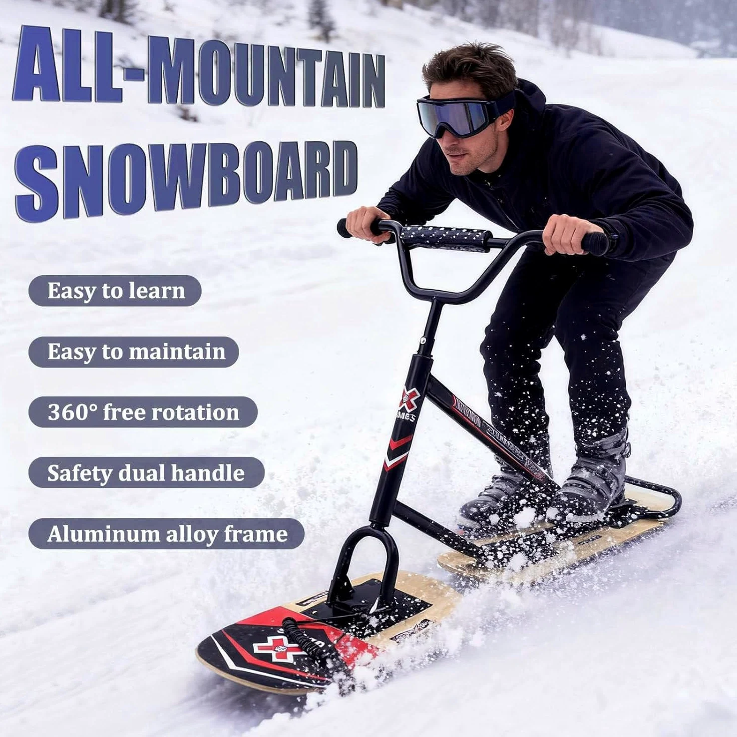 Slitta da neve aggiornata con rotazione a 360° e carico di 150 kg / 330lbs, elica di neve professionale per tutti i terreni per adulti e ragazzi, sicura, resistente, leggera e divertente avventure