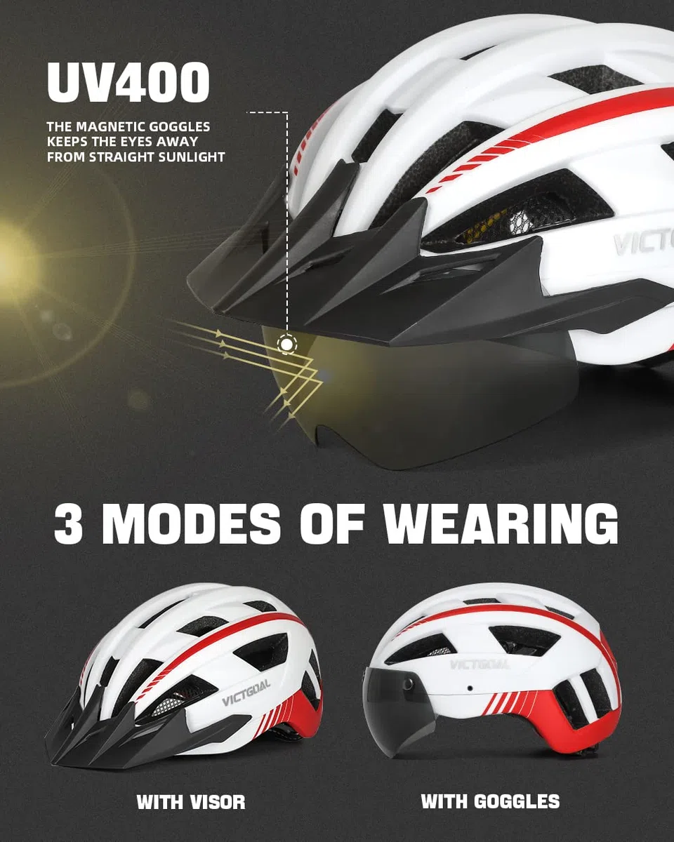 Victgoal, casco da bici per uomo e donna, con luce a LED, occhialini magnetici staccabili, visiera parasole rimovibile, casco da bicicletta da strada e montagna, misura regolabile, unisex, bianco