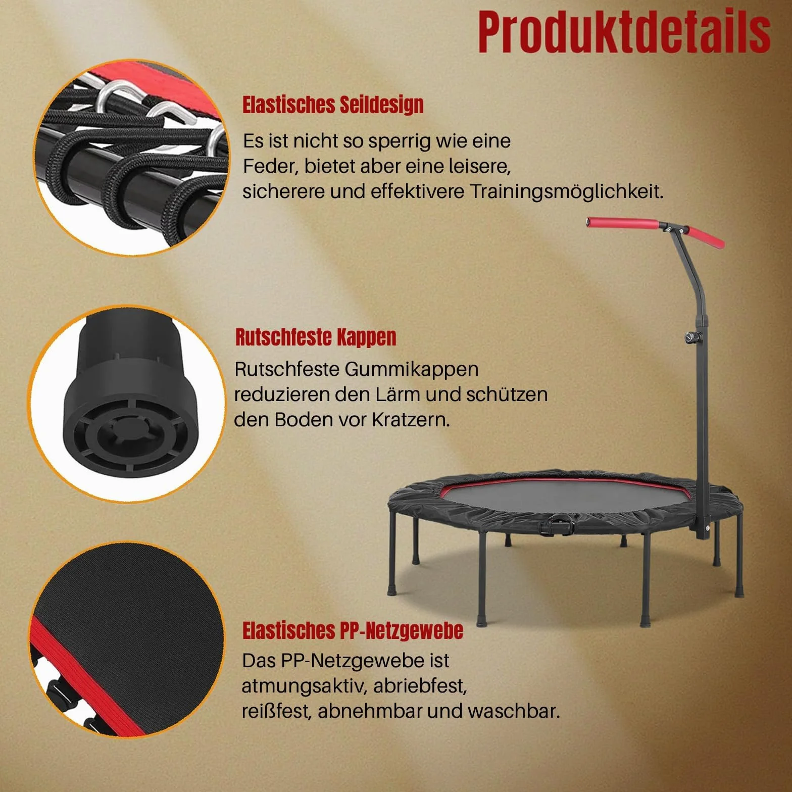 LIFERUN Mini trampolino elastico da interno per adulti Ø128 cm,Piccolo trampolino elastico da fitness,Jump Rebounder per allenamento,Capacità di carico 150 kg,Maniglie regolabili,Casa,Rosso