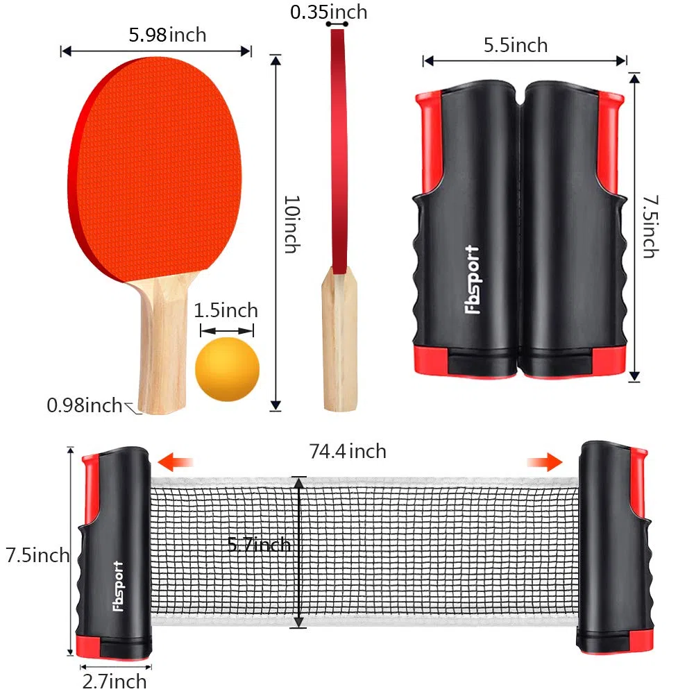 FBSPORT Set da ping pong, set portatile da ping pong con rete retrattile, 2 racchette, 6 palline e borsa per il trasporto, per bambini e adulti, giochi per interni ed esterni, nero