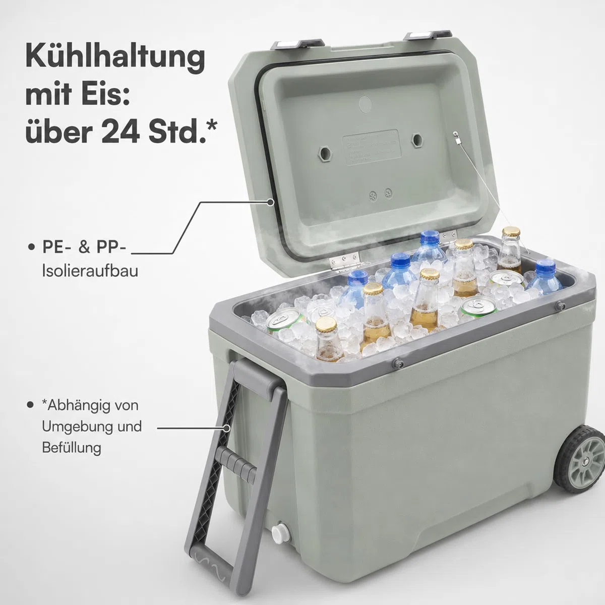 Borsa frigo con ruote, da campeggio, 45 litri, con manico telescopico e 2 ruote, isolamento dal freddo per 24 ore, portabicchieri integrato, per picnic, barbecue, verde