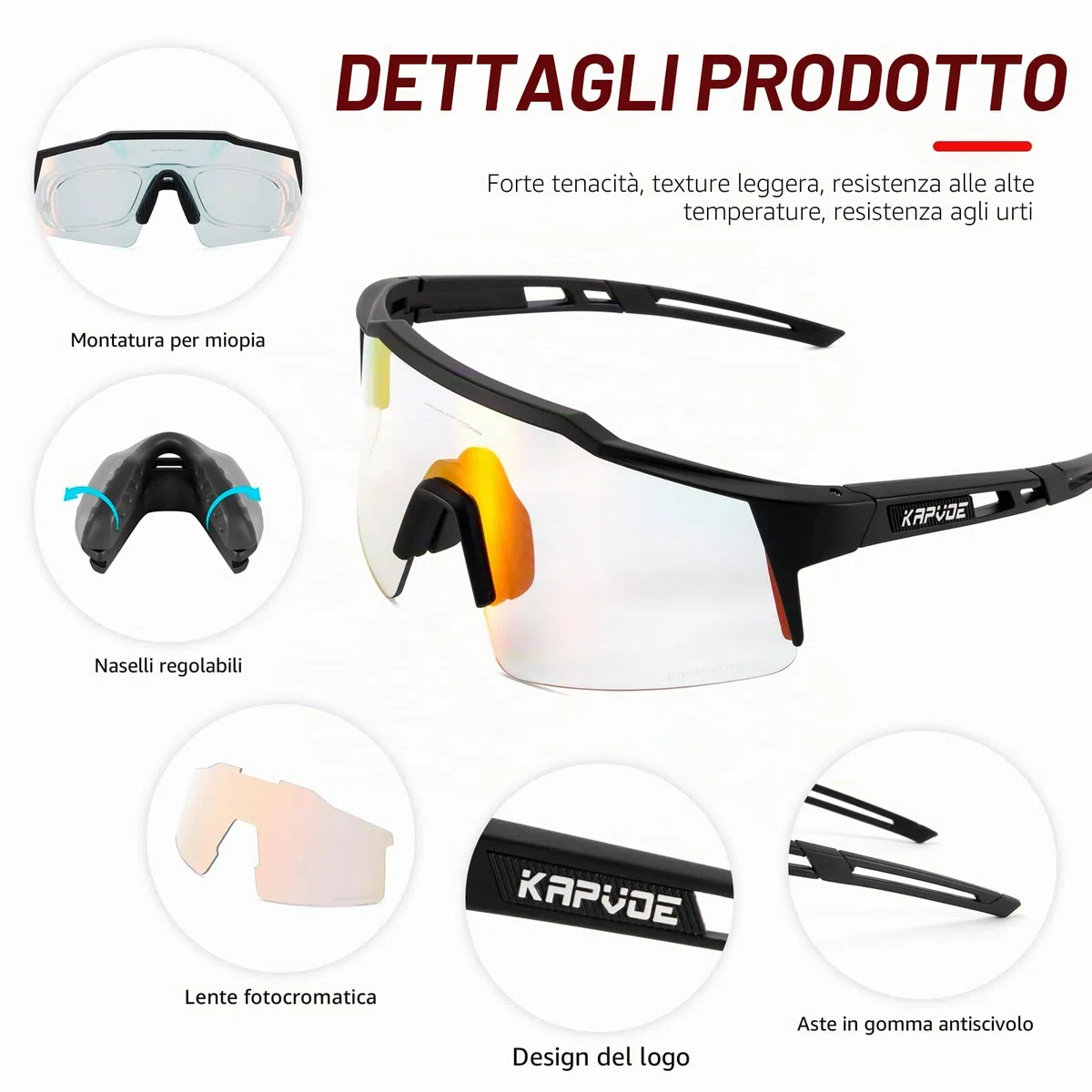 KAPVOE Occhiali da ciclismo fotocromatici UV400 uomo donna TR90 K9023 | Occhiali da ciclismo fotocromatici, UV400 Protezione, Struttura TR90 e supporto interno integrato