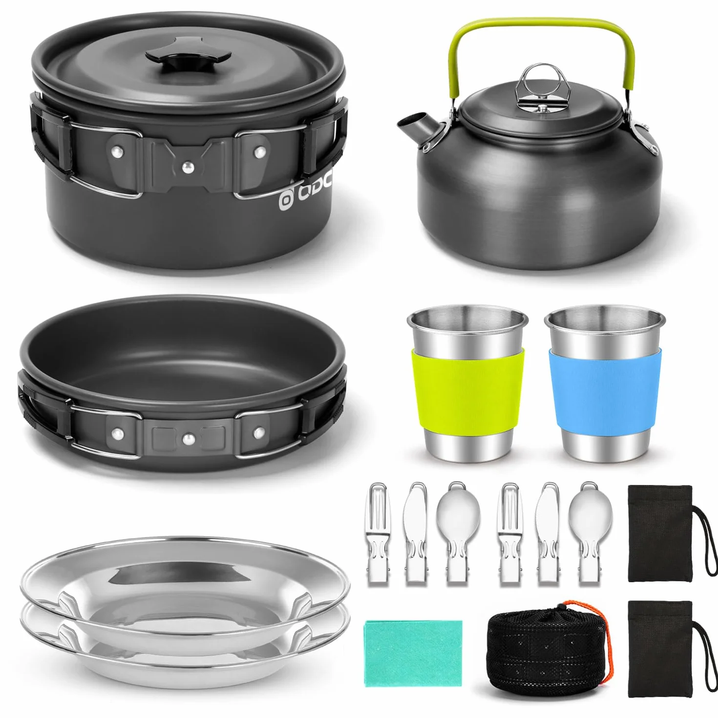 Odoland Pentole Kit da Campeggio, Set di Pentola e Padella Leggera e Antiaderente con Teiere Tazze in Acciaio Inossidabile Piatti Forchette Coltelli Cucchiai per Campeggio Trekking