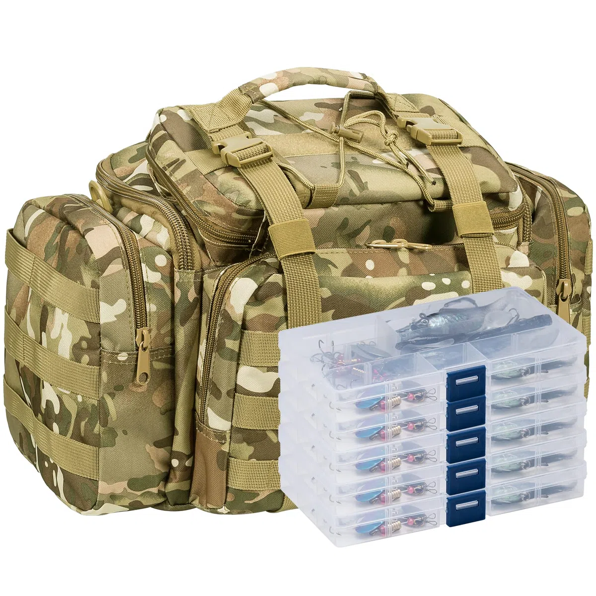 Dr.Fish Borsa per attrezzatura da pesca 5 scatole per attrezzatura con 60 esche da pesca incluse Kit di scatola per attrezzatura da pesca con spalle imbottite