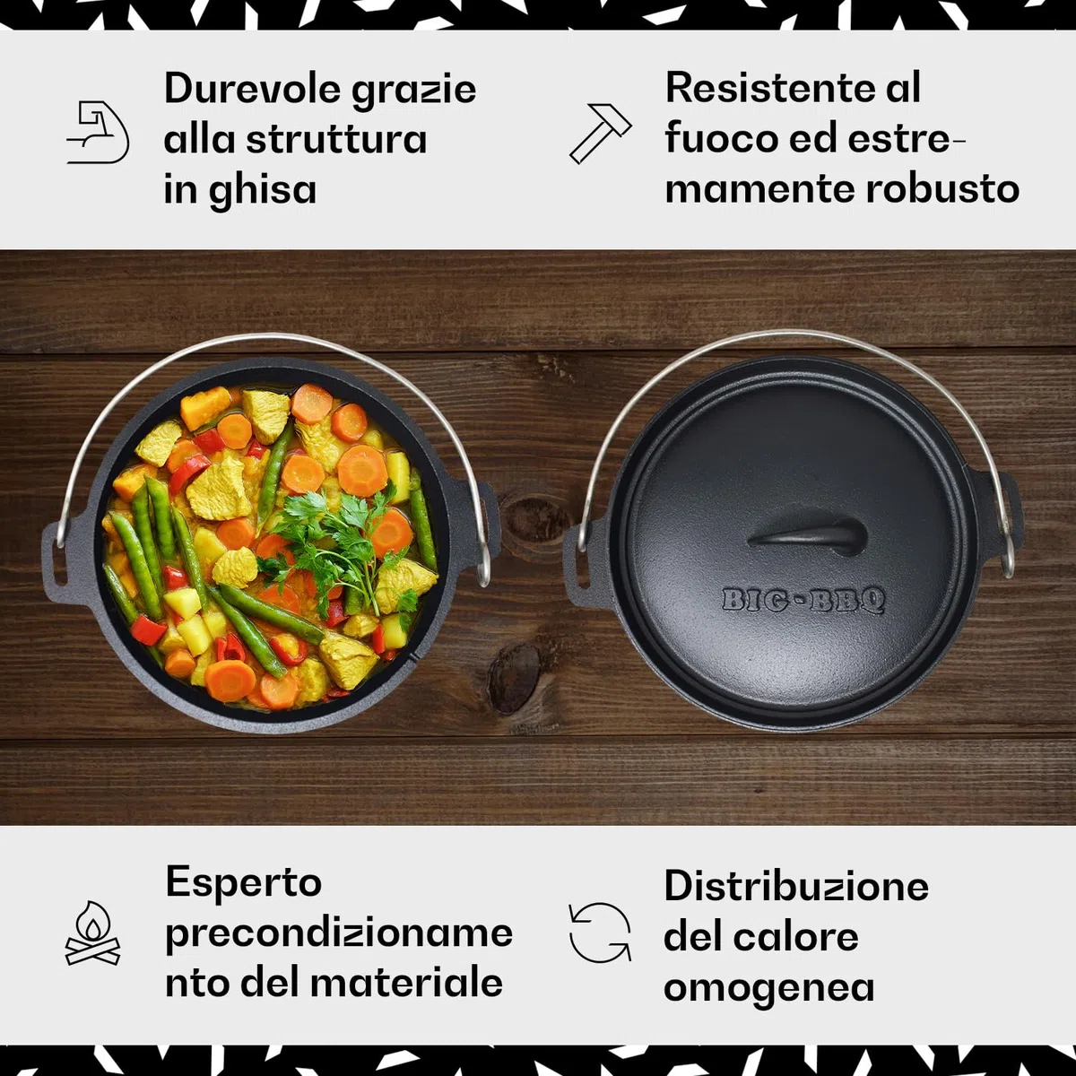 ToCi Dutch Oven Pre-Stagionato, Forno Olandese con Coperchio in Ghisa, Casseruola da Campeggio con Leva e Supporto del Coperchio, 10.7 Litri