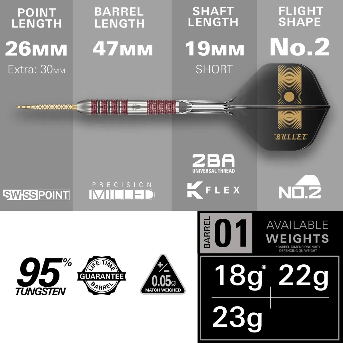 Target Darts Stephen Bunting 95K Set Dardi in Acciaio Swiss Point, 18G/22G/23G | Alette e Aste Kflex, The Bullet Player Edition Freccette al 95% di Tungsteno, Punte DX Dorate Ricambio Portachiavi