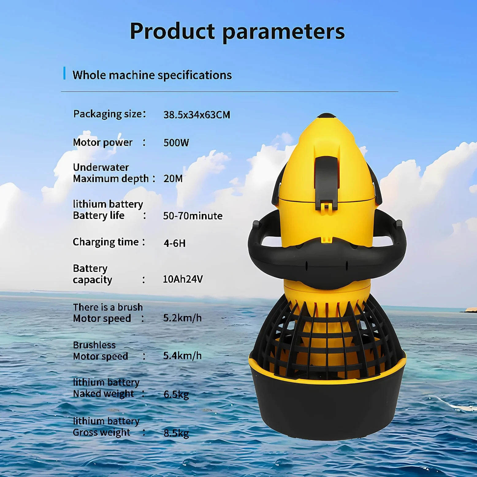 Monopattino subacqueo portatile, motore spazzolato da 500 W, propulsore subacqueo, leggero e facile da trasportare, attrezzatura di propulsione subacquea per spiaggia