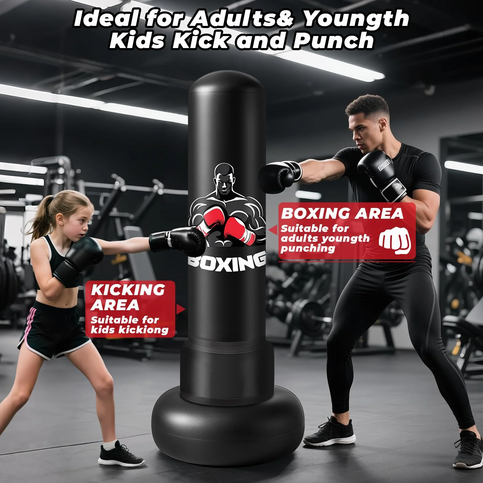 Sacco da Boxe da Terra,180cm Sacco da Boxe per Adulti Gonfiabile con Guantoni e Pompa, Gonfiabile Pungiball Bambini per Kickboxing, Karate, Boxing Bag da Casa e Ufficio