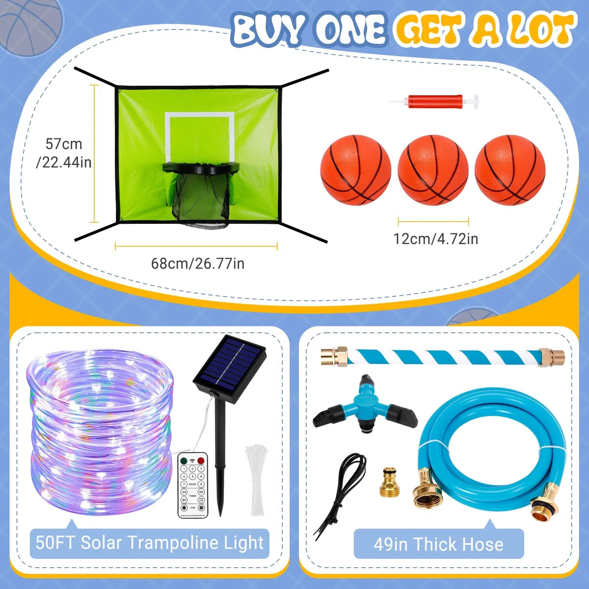Kit di accessori per trampolino per bambini, irrigatore/canestro da pallacanestro/luci solari da 50 m, adatto per trampolino da 8 10 12 14 15 16 FT all'aperto con 3 mini palloni da basket, non