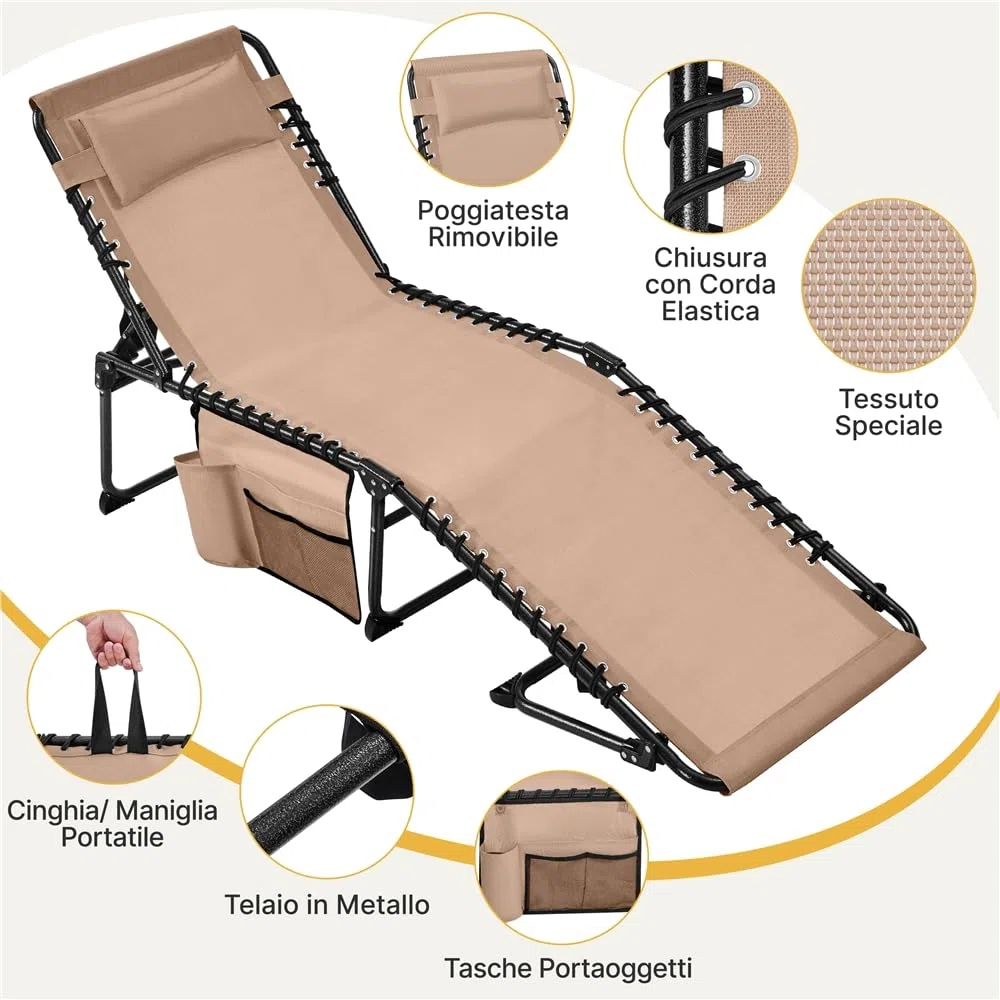 Yaheetech Lettino Sdraio Pieghevole Regolabile in 5 Posizioni per Esterno Giardino Spiaggia Campeggio con Poggiatesta e Tasca, 189 x 57 x 34 cm, Colore Beige