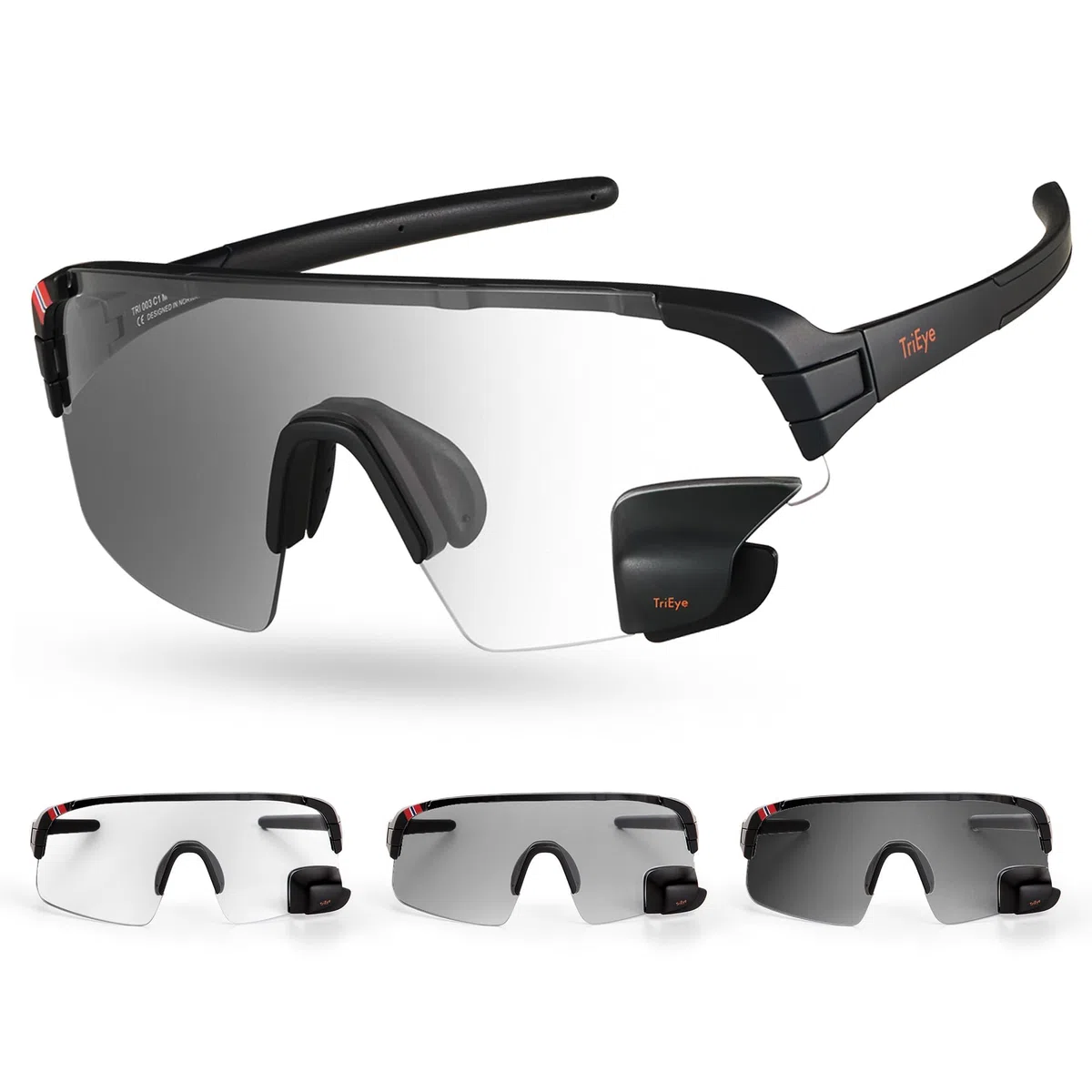 TriEye Occhiali da ciclismo con specchietto retrovisore UV400, fotocromatici 0-3 | Occhiali da sole sportivi per uomo e donna, leggeri, con protezione UV400, fotocromatici 0-3