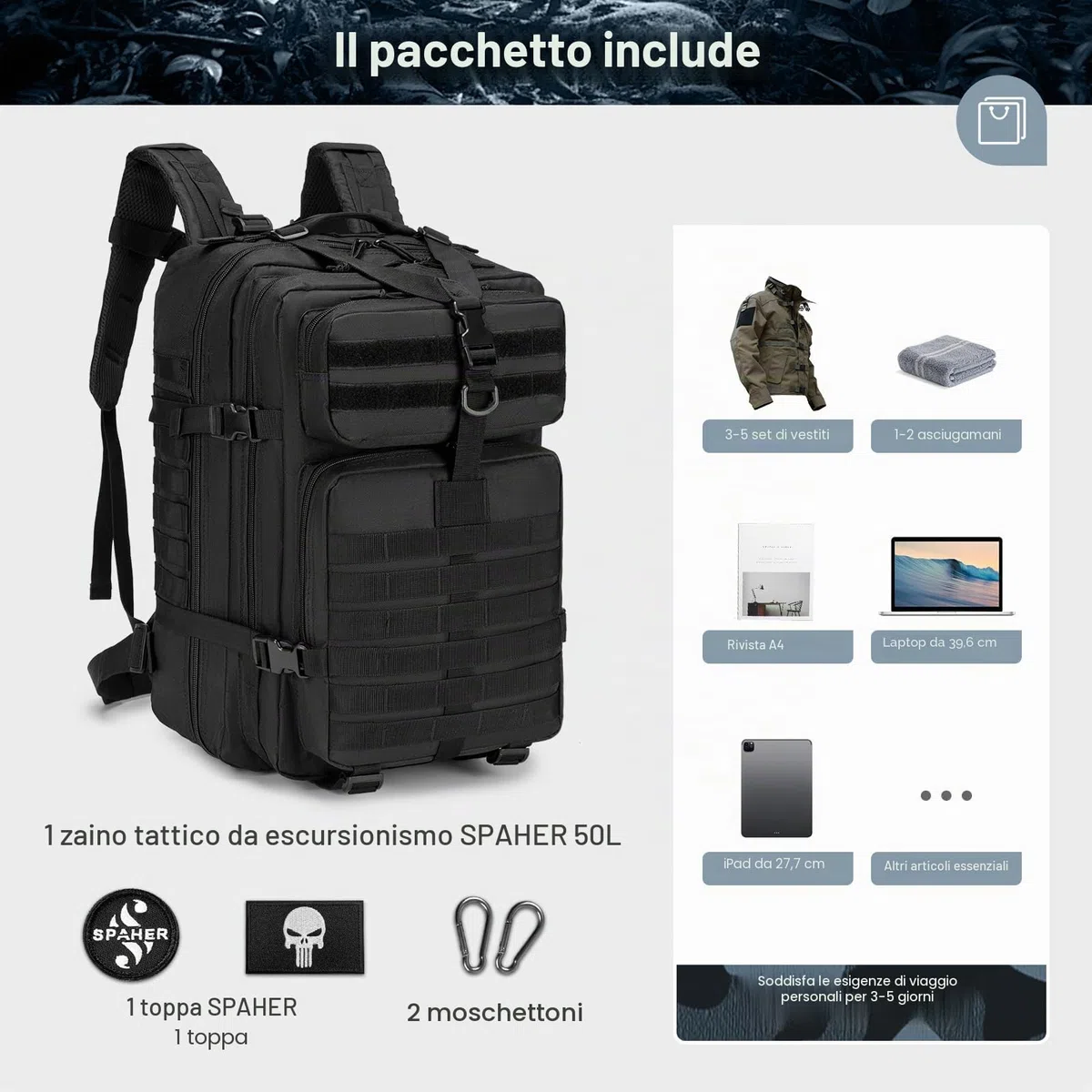 SPAHER 50L Zaino Militare Tattico Molle Assalto Viaggio per Donna Uomo Zaino da Trekking 800D Oxford per Escursionismo Alpinismo Sport Campeggio Survival