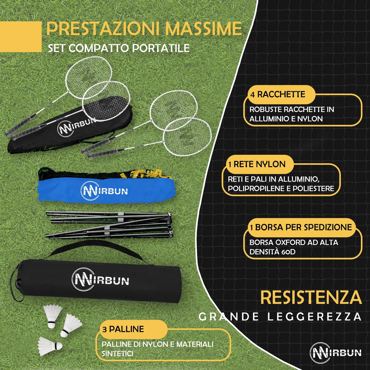Set da badminton per 4 giocatori con rete | Racchette professionali + 3 volani + borsa per il trasporto | Robusta struttura in metallo | Rete da 5,1 | Gioco per famiglie per interni esterni