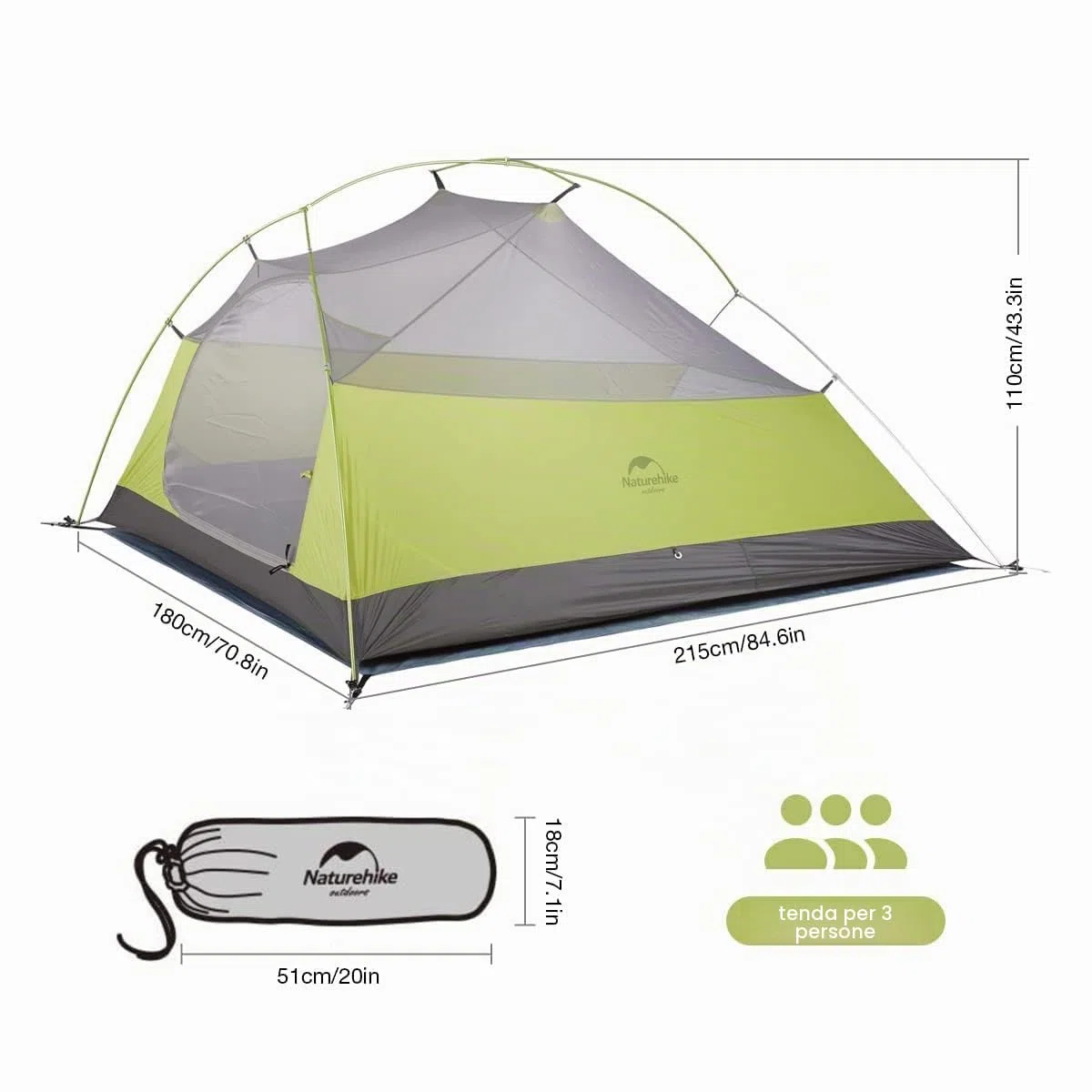Naturehike Cloud Up 2 Tenda da Campeggio 3-4 Stagioni per 2 Persone, Tenda Leggera da Zaino, Impermeabile, a Prova di Insetti, per Famiglie, per Escursionismo, Alpinismo