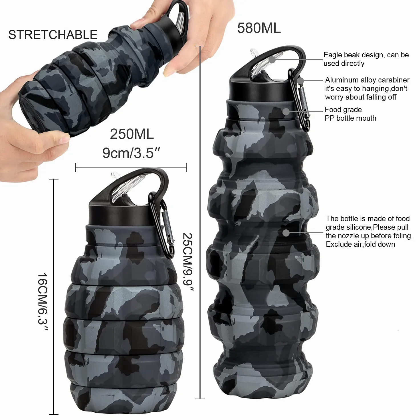 Borraccia da Viaggio Pieghevole 20 oz, Borraccia Riutilizzabile Senza BPA In Silicone Pieghevole Per Palestra Campeggio Escursionismo, Borracce Sportiva Portatile A Prova Di Perdite Con Moschettone