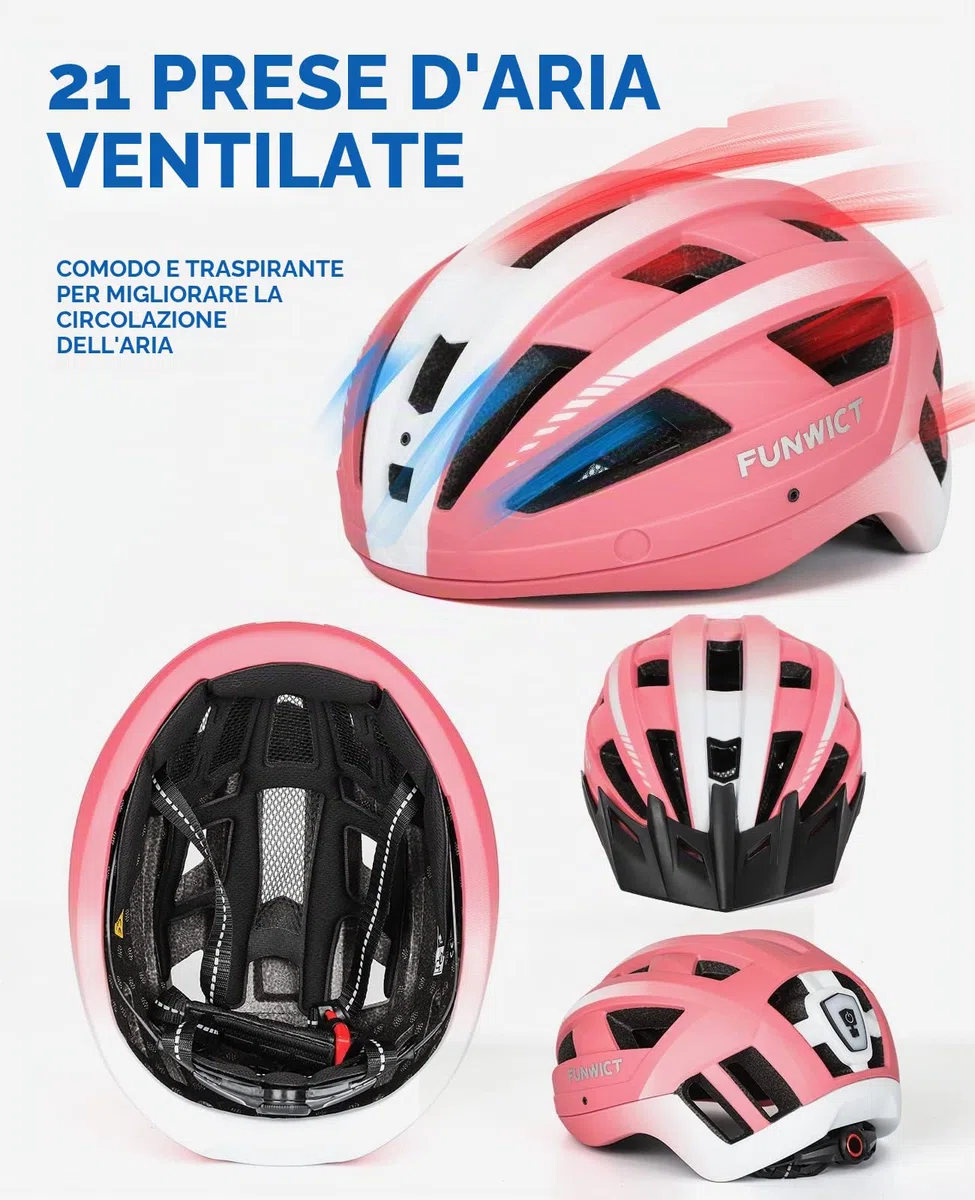 Casco Bici per Uomo Donna Adulto, Leggero Casco MTB con Visiera Rimovibili Occhiali Magnetici Staccabili e LED Luce Ricaricabile, Casco Ciclismo da Corsa Caschetto Bici (M: 54-58 cm, Rosa)